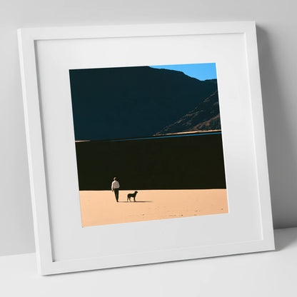 Dog Walker on Ennerdale Shore gifts for dog walkers art print in white frame