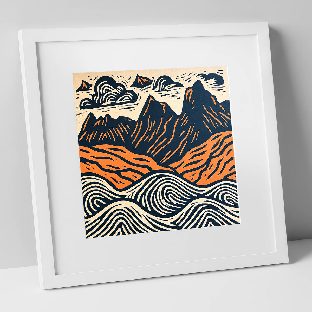 Navy and Orange Langdale Pikes lake district fell art print in white frame