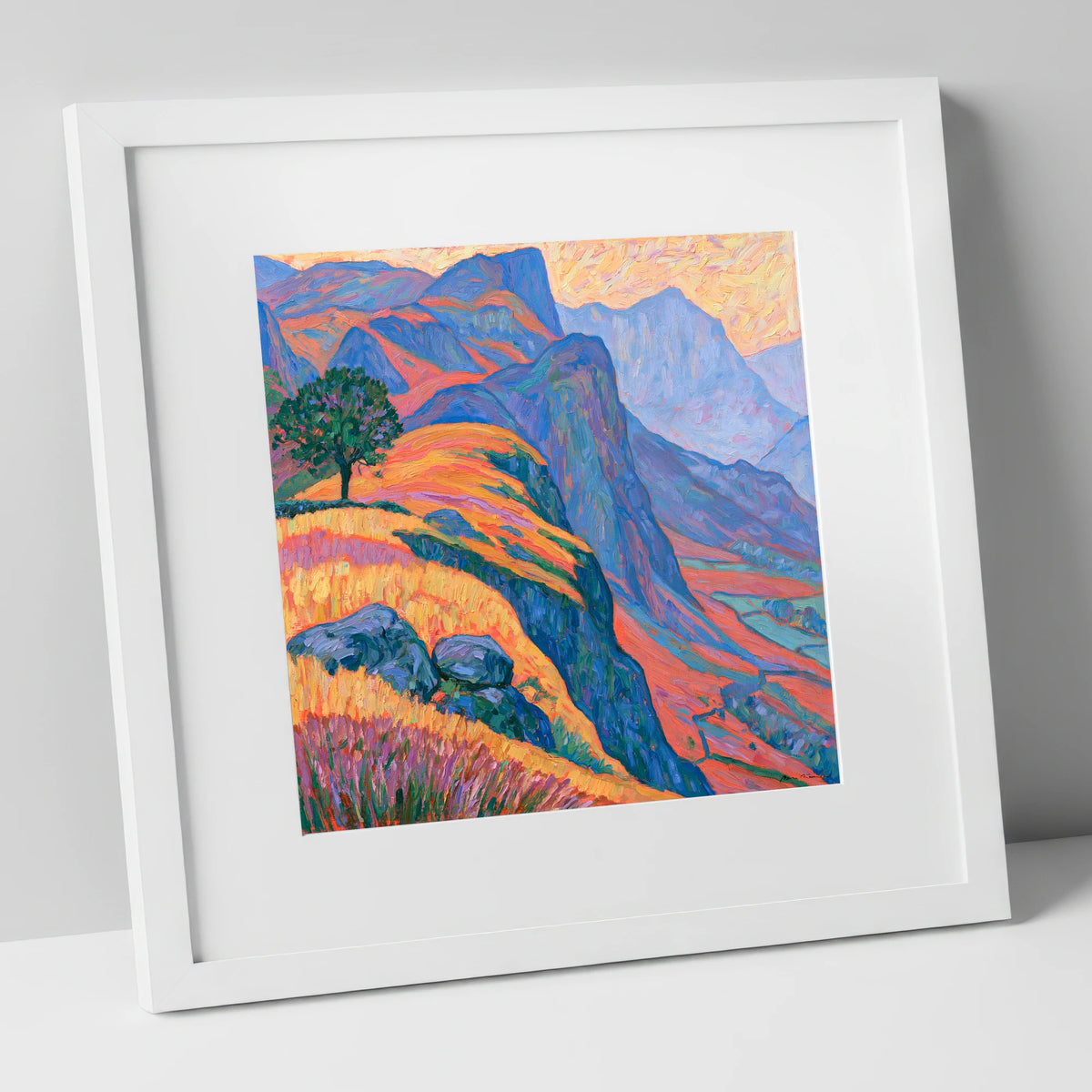Lone Tree on Misty Mountain Ridge lake district fell art print in white frame
