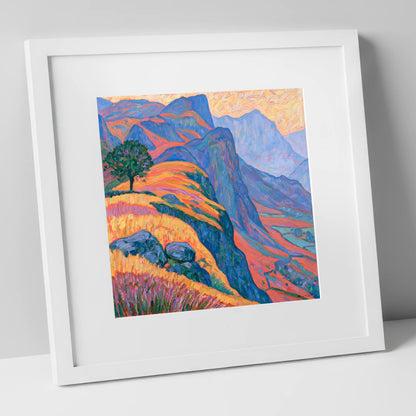 Lone Tree on Misty Mountain Ridge lake district fell art print in white frame