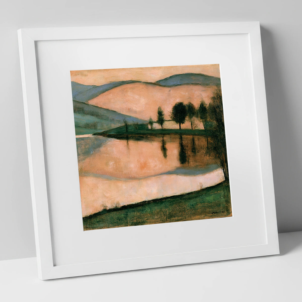 Terracotta Dawn Over Still Lake lake district lake art print in white frame