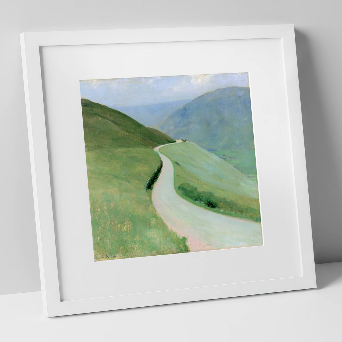Winding Pass in Soft Greens lake district valley art print in white frame