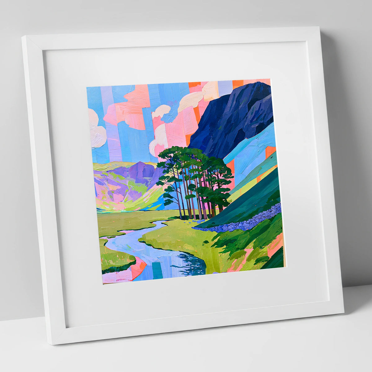 Vibrant Pines Below Haystacks lake district fell art print in white frame