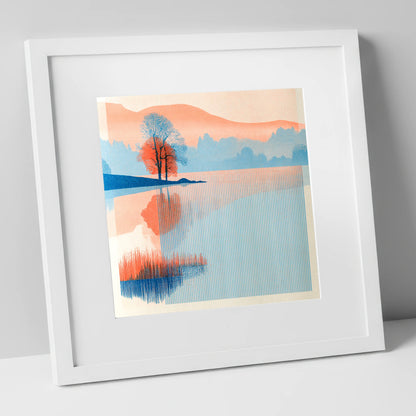 Modern Coral Lake Dawn lake district lake art print in white frame