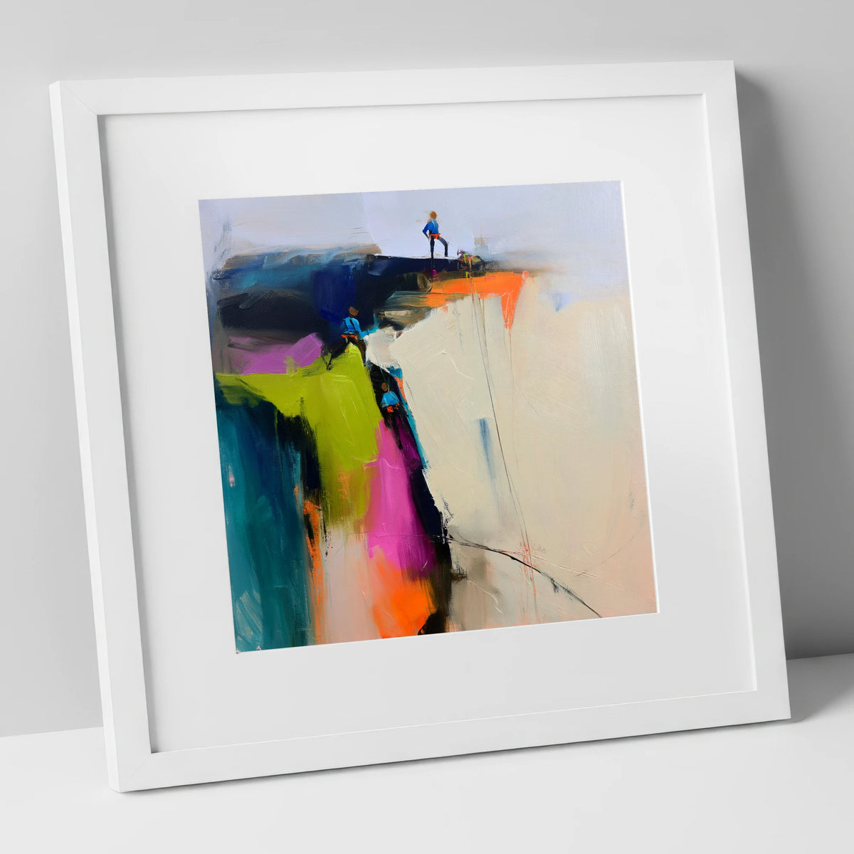 Abstract Climbers on a Crag lake district walking art print in white frame