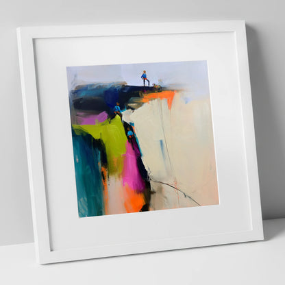 Abstract Climbers on a Crag lake district walking art print in white frame