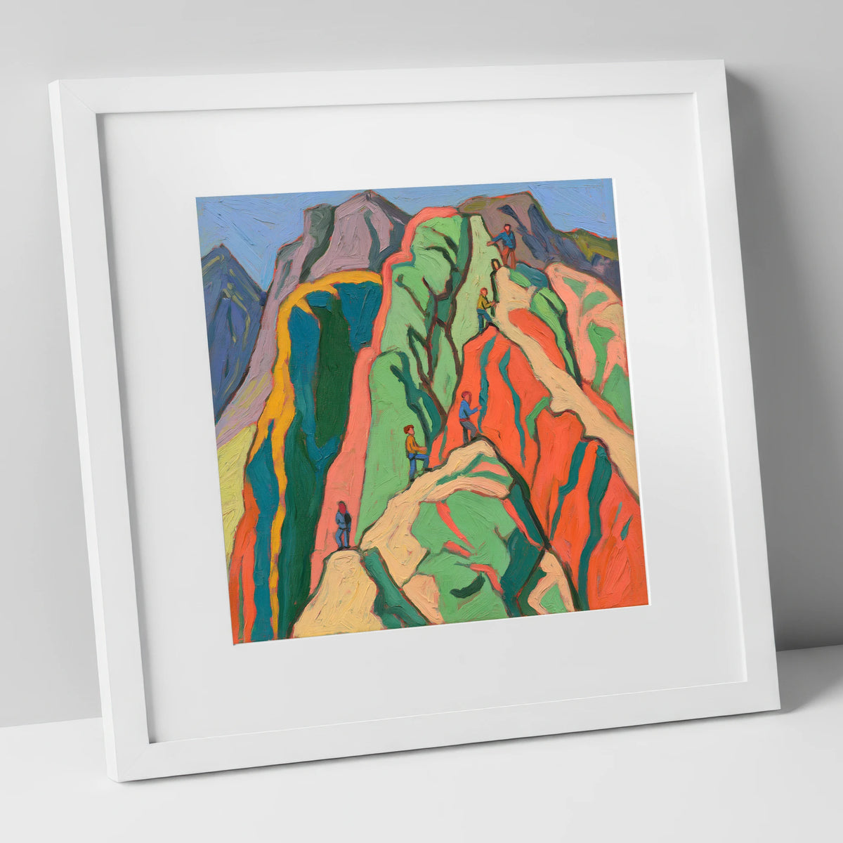 Climbers on a Vivid Crag lake district walking art print in white frame