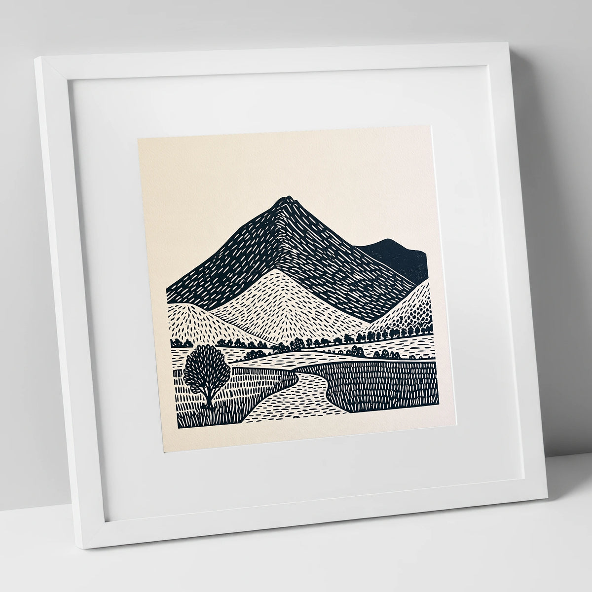 Blencathra in Graphic Lines lake district fell art print in white frame