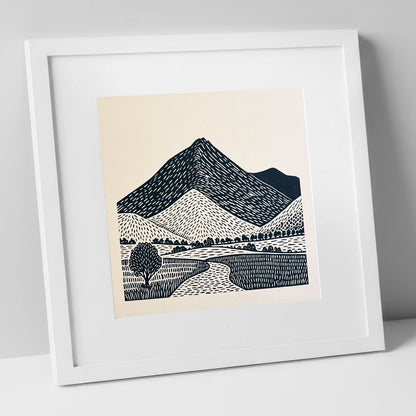 Blencathra in Graphic Lines lake district fell art print in white frame
