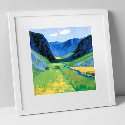 Vivid Valley Beneath Blue Fells lake district valley art print in white frame
