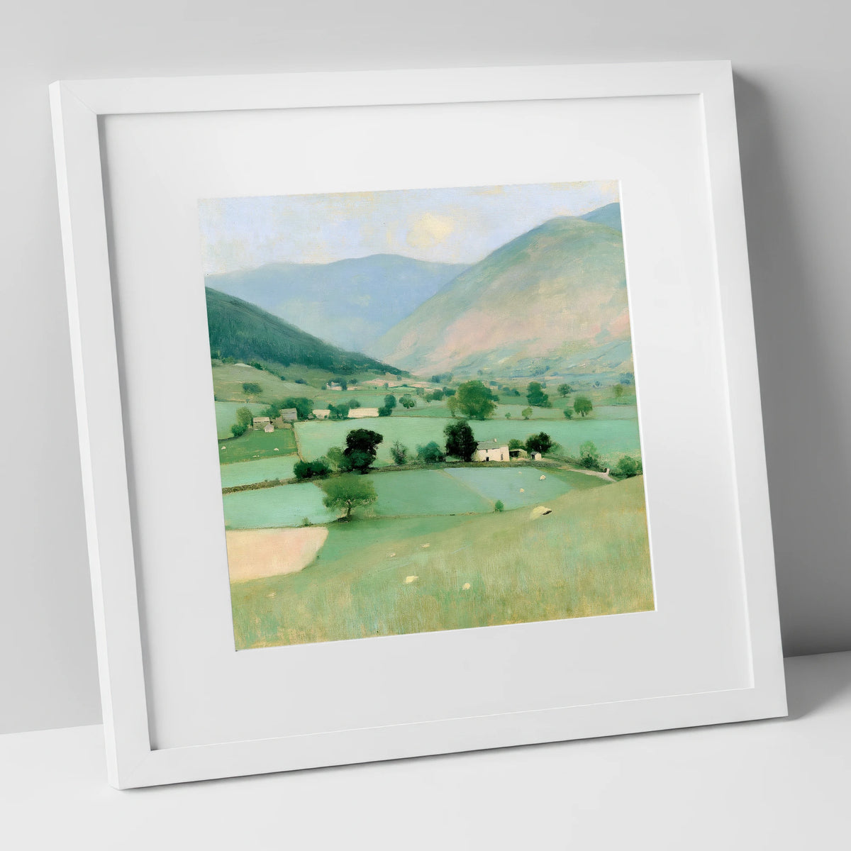 Patchwork Fields Beneath Hazy Fells lake district valley art print in white frame