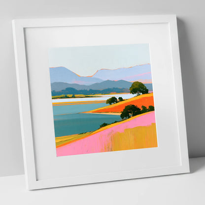 Vibrant Fells and Teal Lake lake district lake art print in white frame