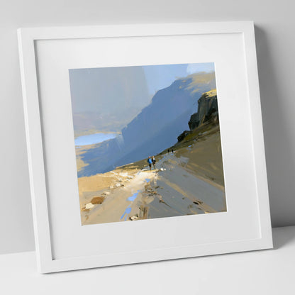 Fell Walkers on a High Path lake district walking art print in white frame