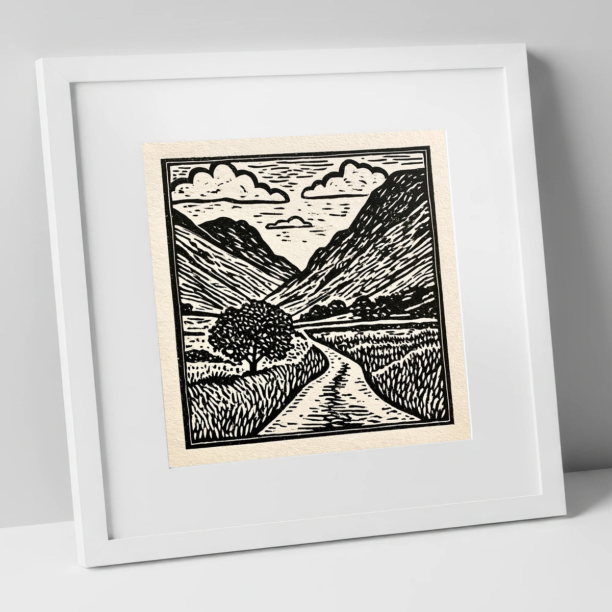 Monochrome Hardknott Pass Landscape lake district valley art print in white frame