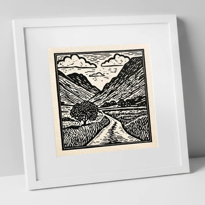 Monochrome Hardknott Pass Landscape lake district valley art print in white frame