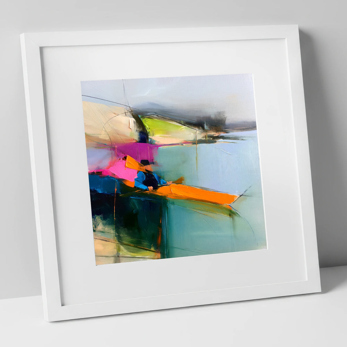 Vibrant Orange Kayak on the Lake lake district walking art print in white frame