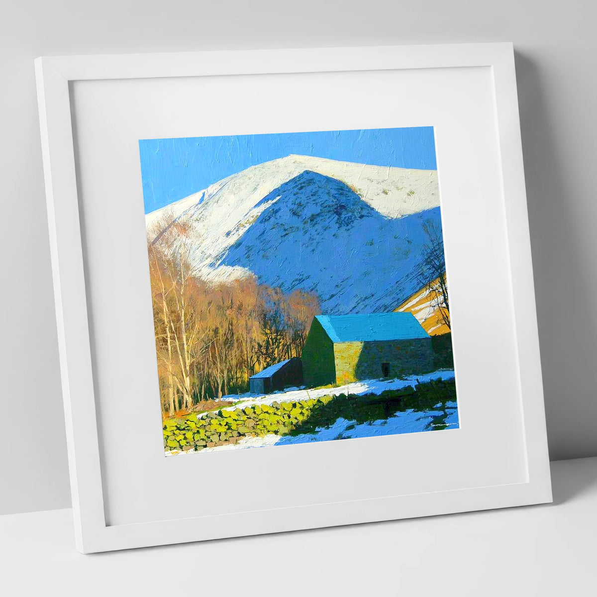 Snowy Bowscale Fell and Stone Barn lake district fell art print in white frame