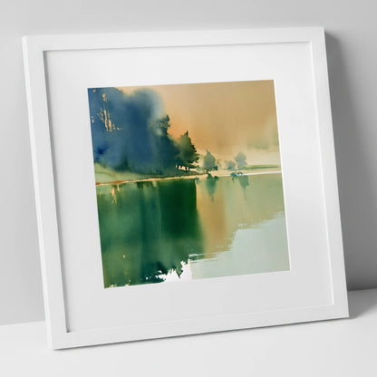 Calm Lake Reflections In Teal lake district lake art print in white frame