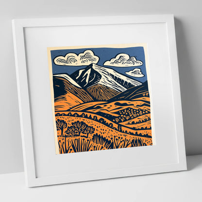 Skiddaw in Terracotta and Navy lake district fell art print in white frame