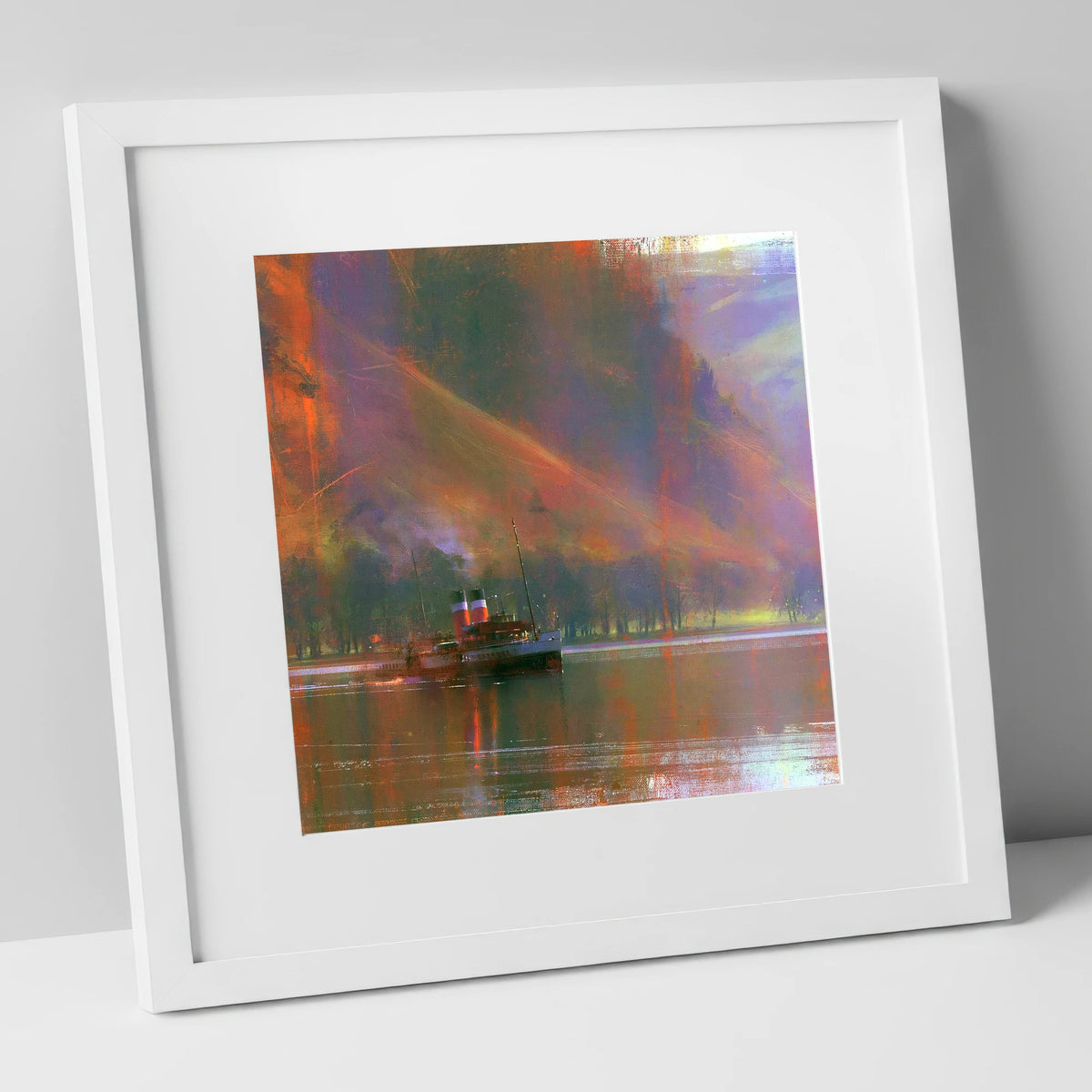 Ullswater Steamer Under Radiant Fells lake district lake art print in white frame