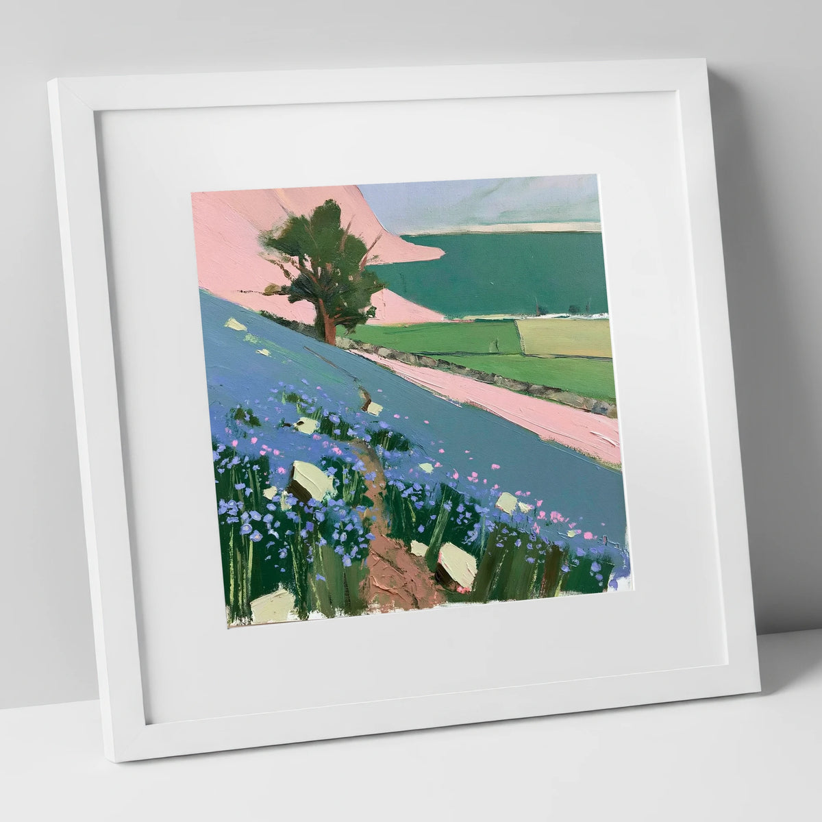 Vibrant Rannerdale Bluebells Crummock Water lake district lake art print in white frame
