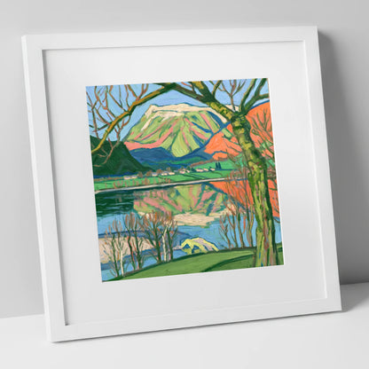 Vibrant Fells above Pooley Bridge lake district village art print in white frame