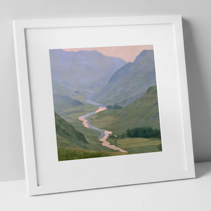 Winding River Valley at Dusk lake district waterfall art print in white frame