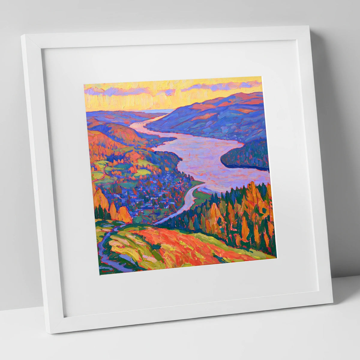 Vibrant Ambleside and Lake View lake district village art print in white frame
