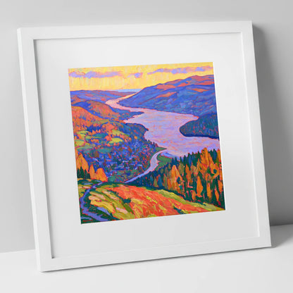 Vibrant Ambleside and Lake View lake district village art print in white frame