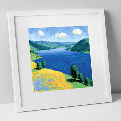 Deep Blue Lake and Sunlit Fells lake district lake art print in white frame