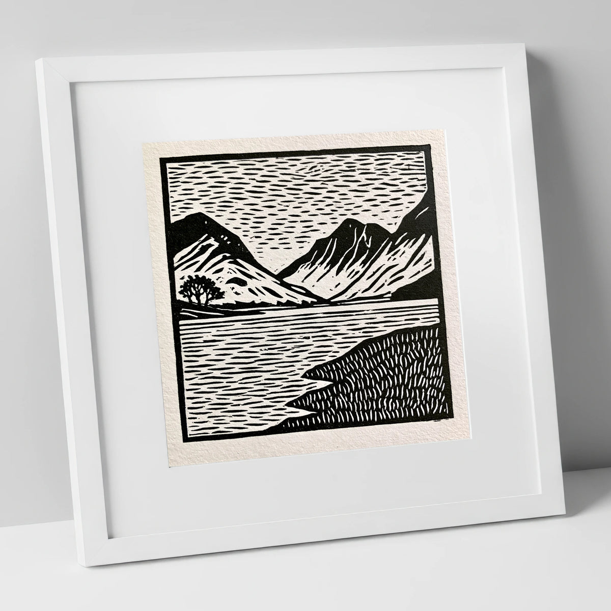 Black and White Buttermere Fells lake district lake art print in white frame