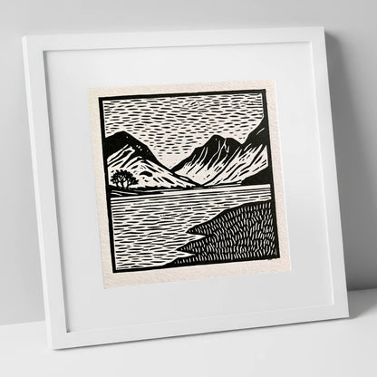 Black and White Buttermere Fells lake district lake art print in white frame