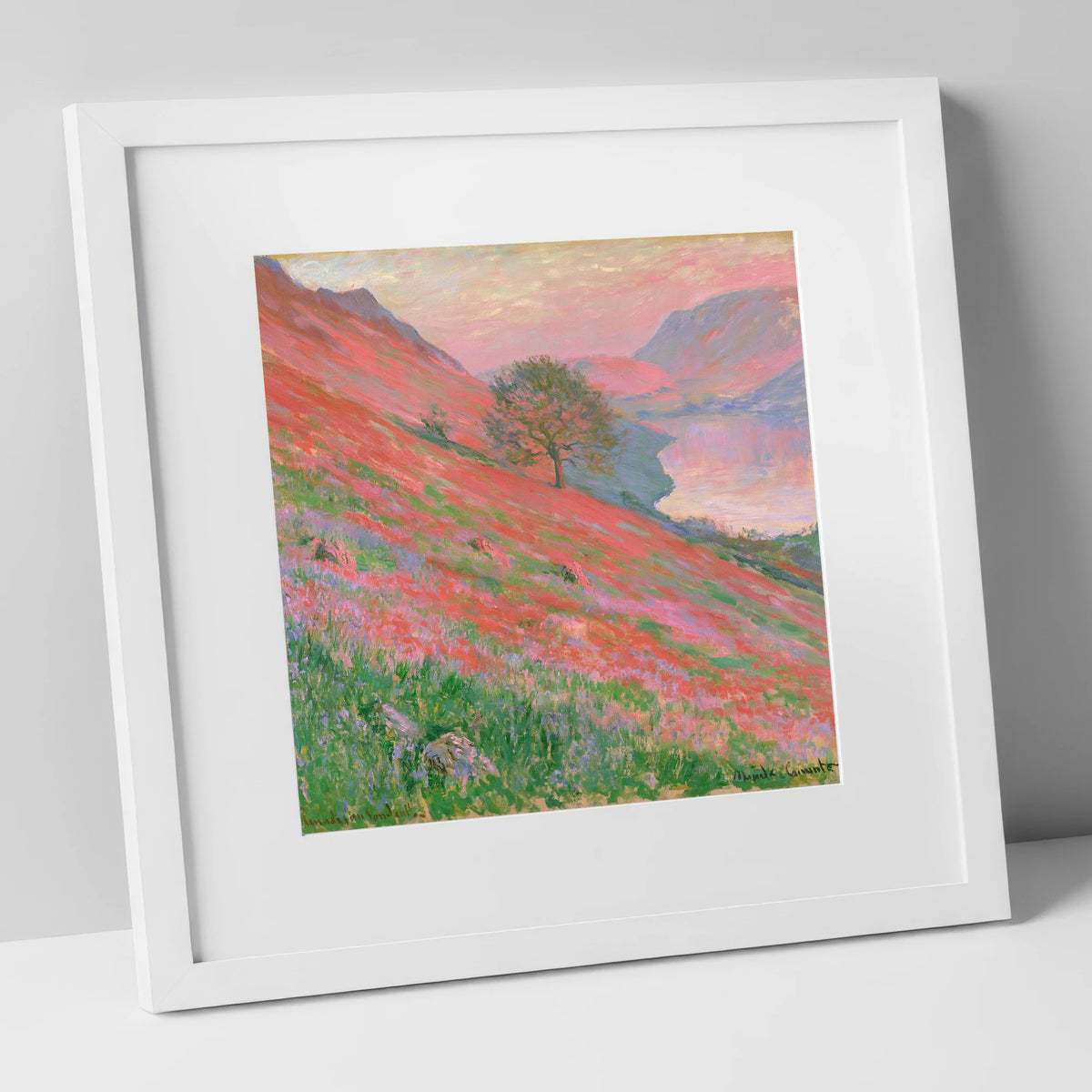 Sunset Pink Over Rannerdale Bluebells lake district lake art print in white frame