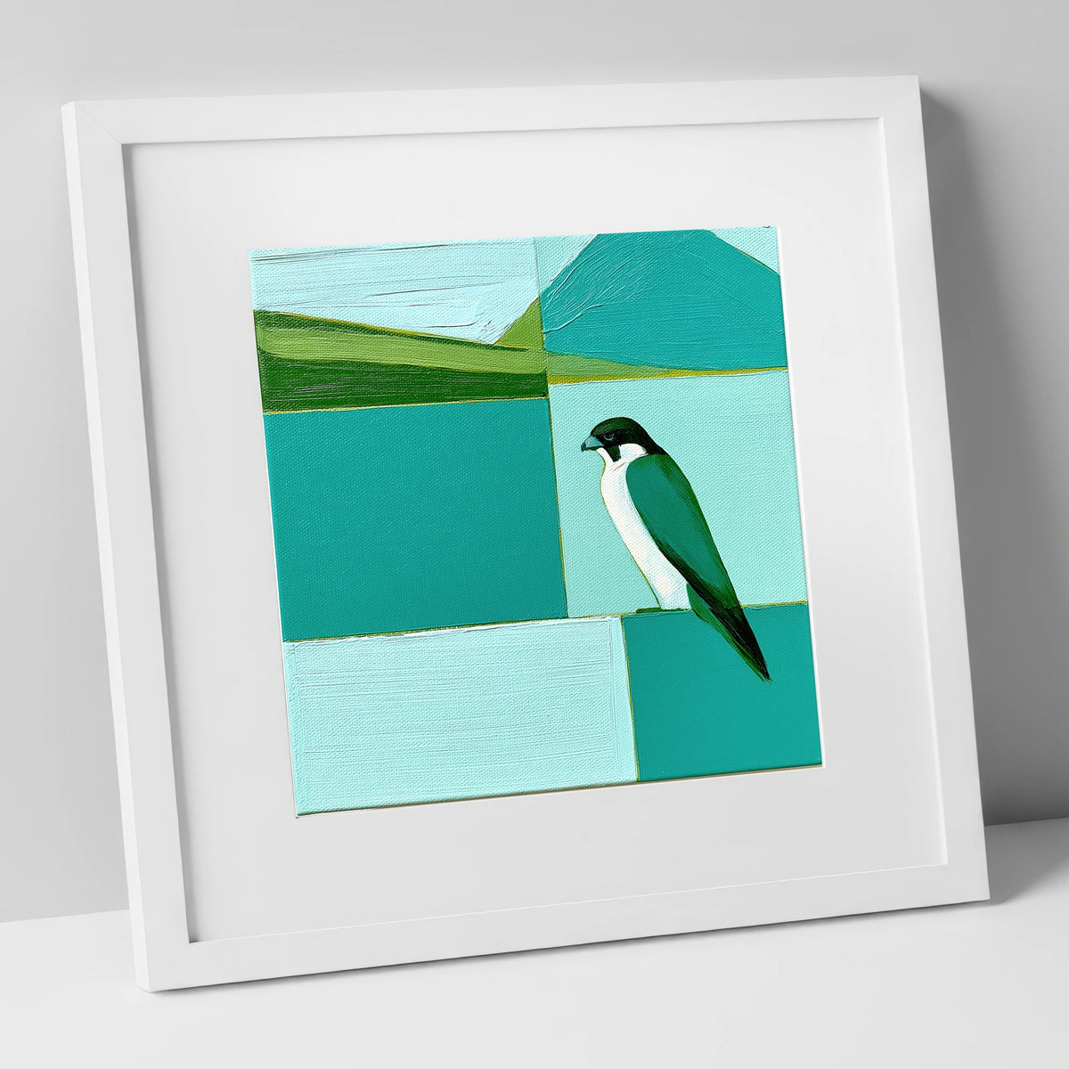 Peregrine Falcon Against Teal Fells lake district wildlife art print in white frame