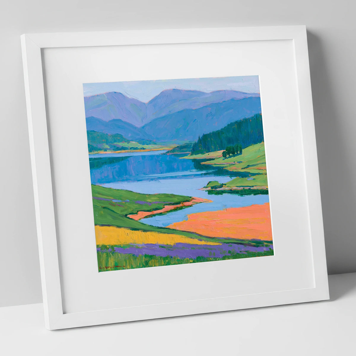 Vibrant Lake and Violet Fells lake district lake art print in white frame