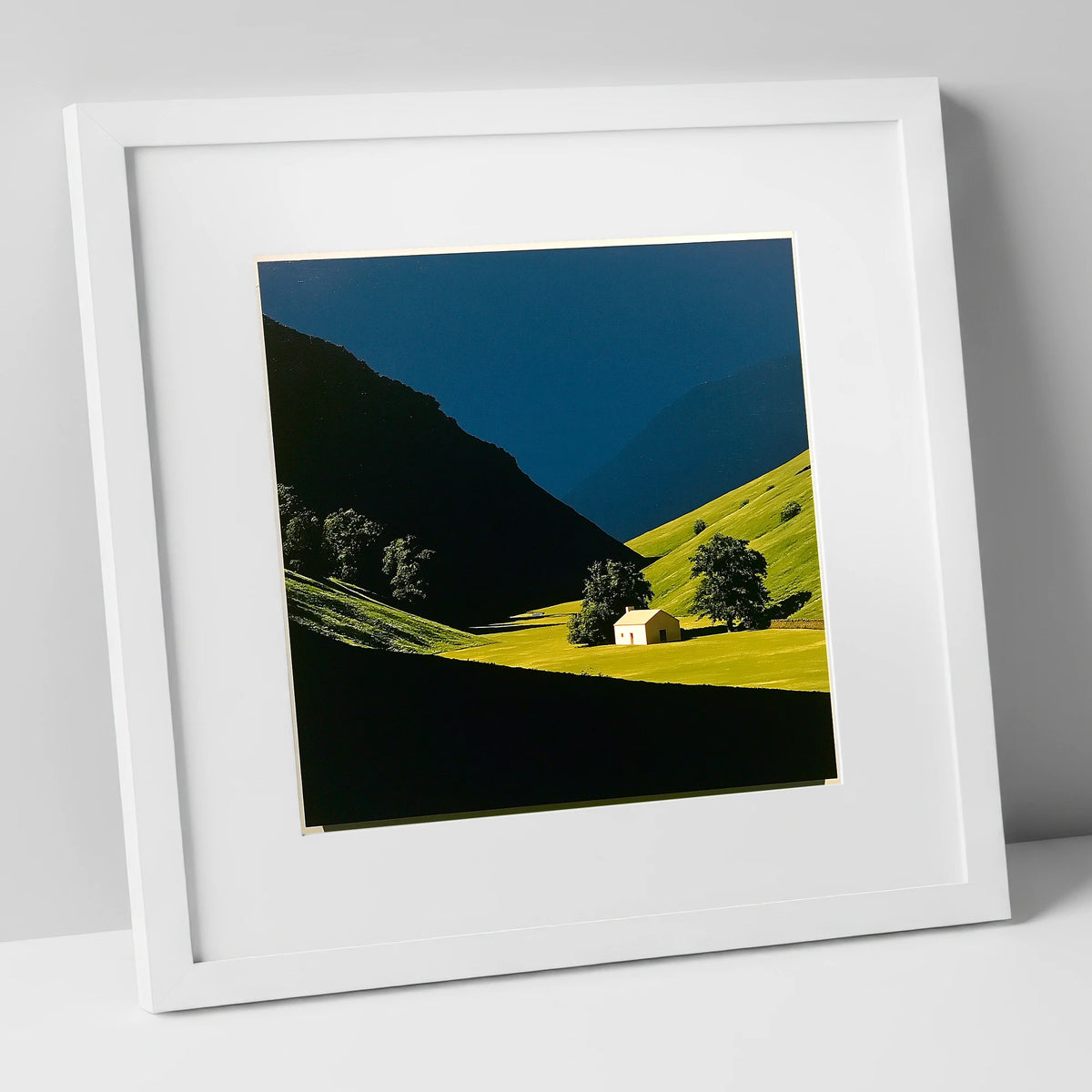 Sunlit Farmhouse in a Green Valley lake district valley art print in white frame