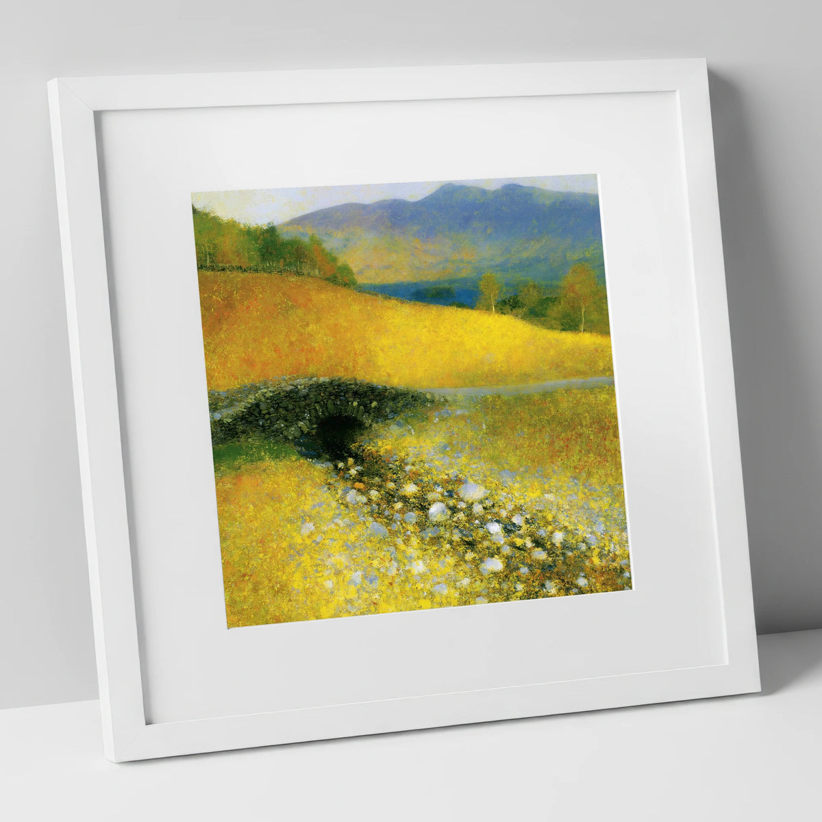 Golden Light Over Ashness Bridge lake district waterfall art print in white frame