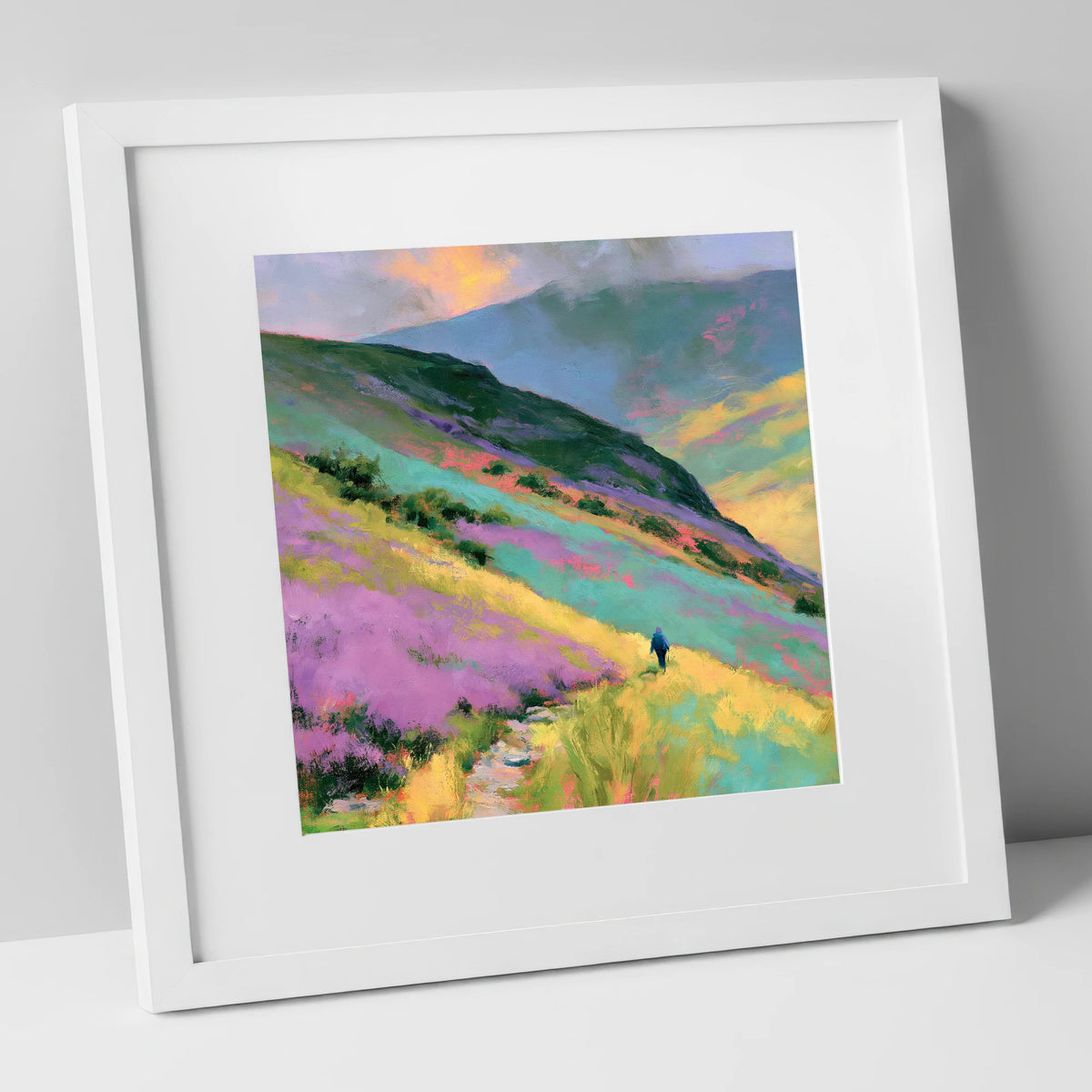 Lone Walker on Vivid Fells lake district walking art print in white frame