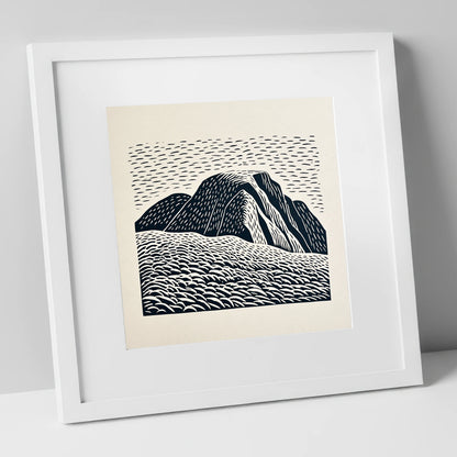 Graphic Monochrome Great Gable lake district fell art print in white frame