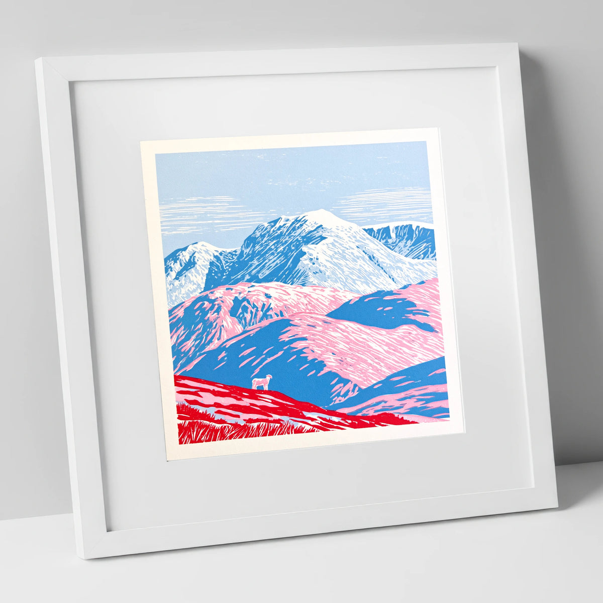 Vivid Pink Fells Below Bowfell lake district fell art print in white frame