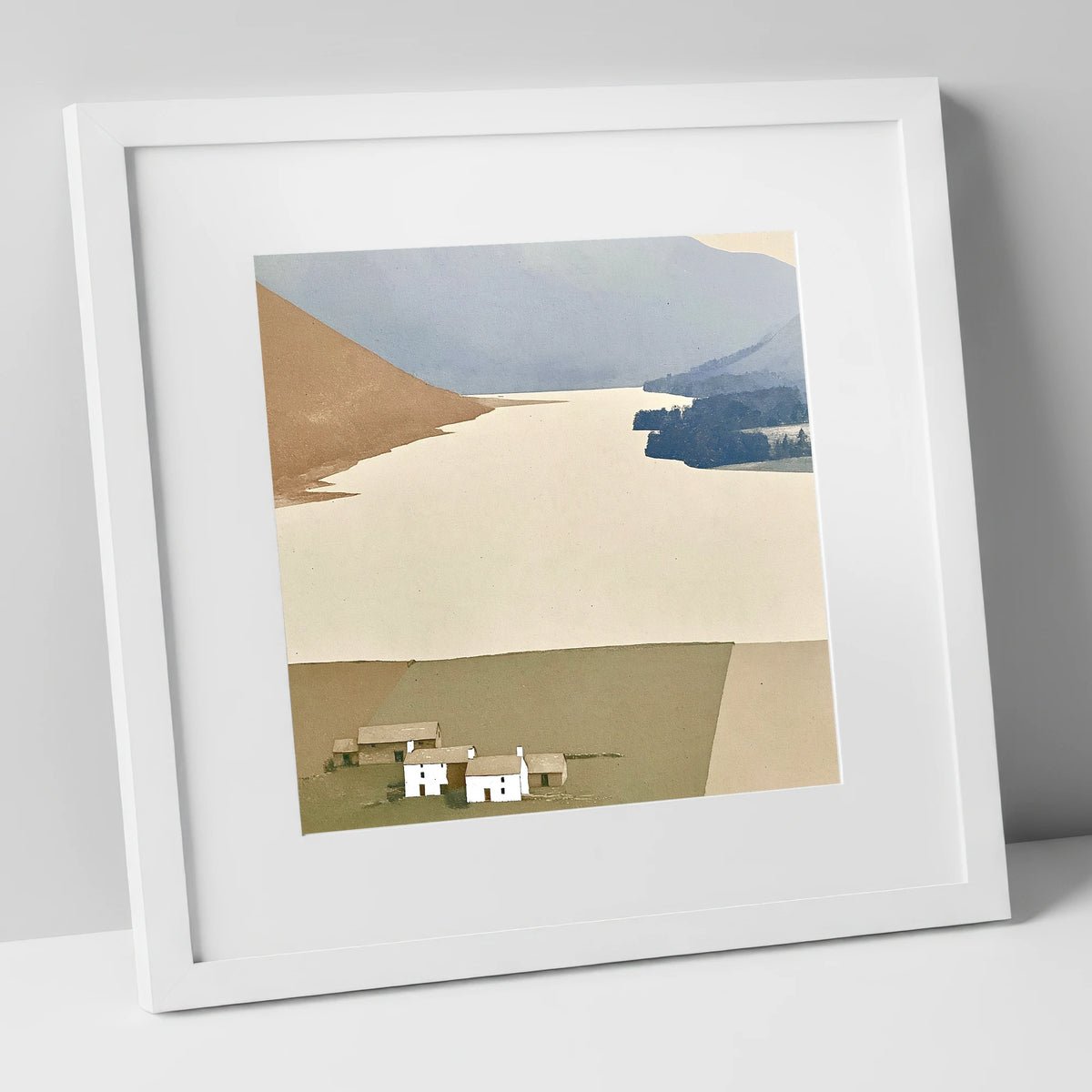 White Farmsteads Above Loweswater lake district lake art print in white frame