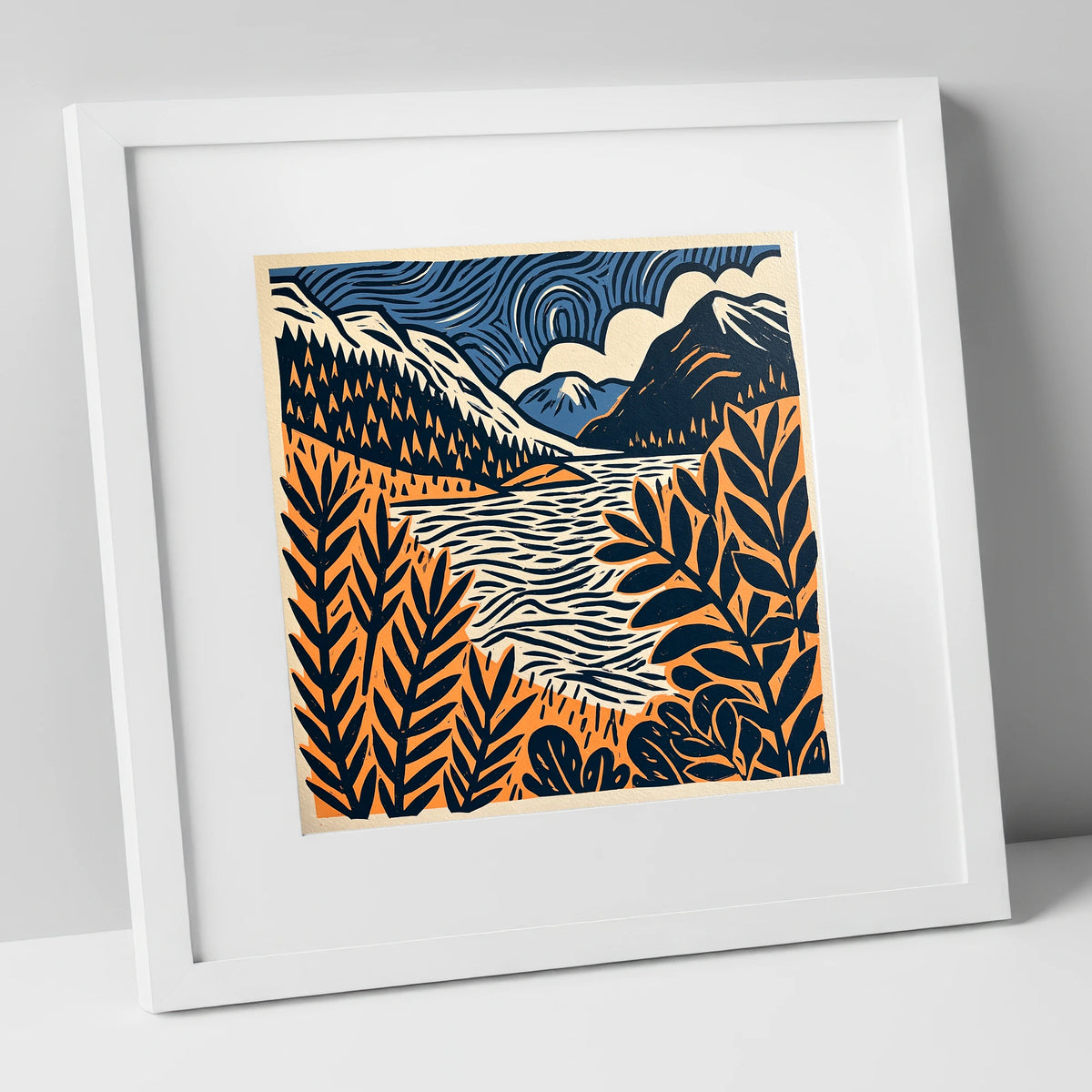 Navy and Terracotta Lake Dawn lake district lake art print in white frame