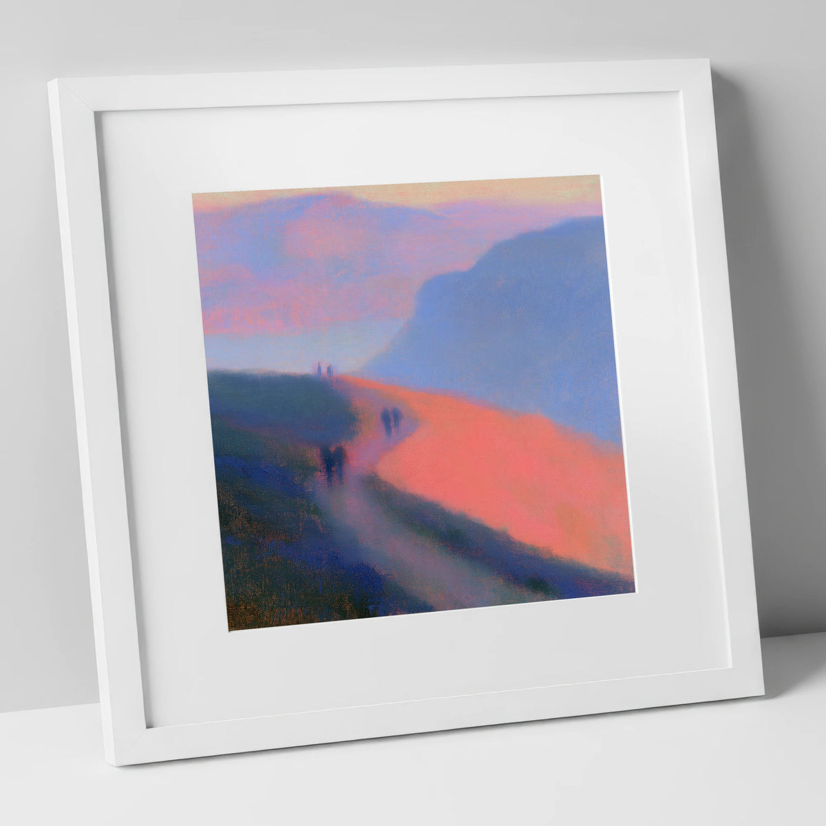 Twilight Walkers on a Fell Path lake district walking art print in white frame