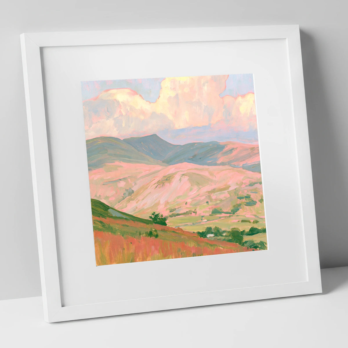 Pastel Light on Rolling Fells lake district fell art print in white frame