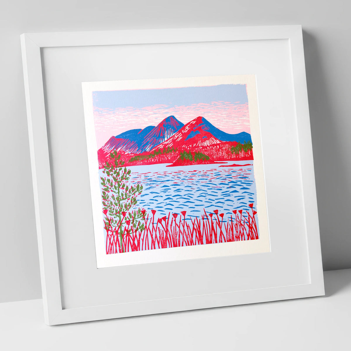 Vibrant Catbells Across The Water lake district fell art print in white frame