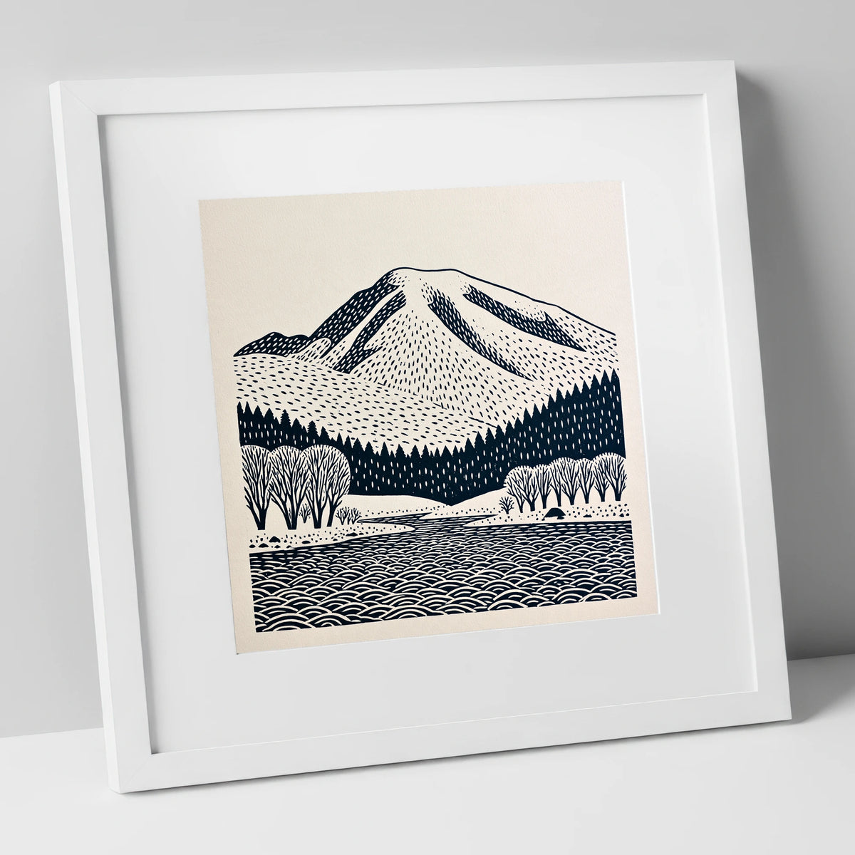 Graphic Skiddaw Mountain Scene lake district fell art print in white frame