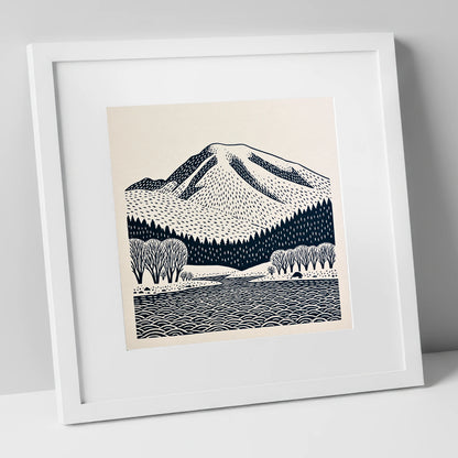 Graphic Skiddaw Mountain Scene lake district fell art print in white frame