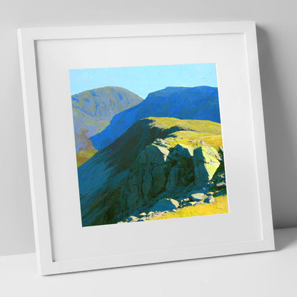 Sunlit Ridge on Crinkle Crags lake district fell art print in white frame