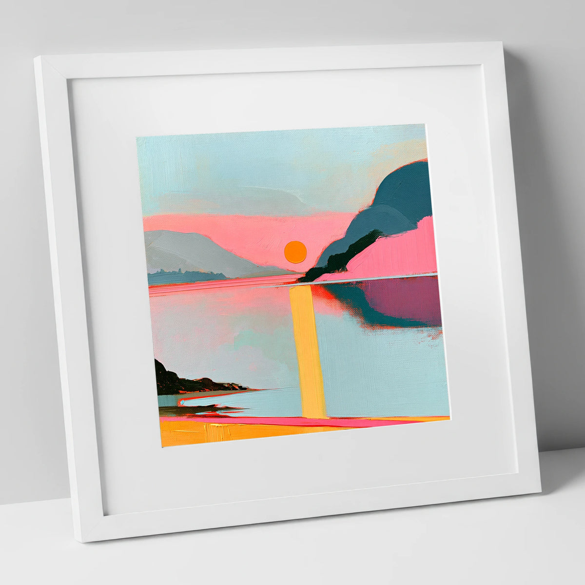 Bold Pink Sunset Over The Lake lake district lake art print in white frame