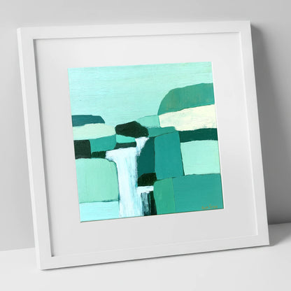 Abstract Teal Waterfall Over Rocks lake district waterfall art print in white frame